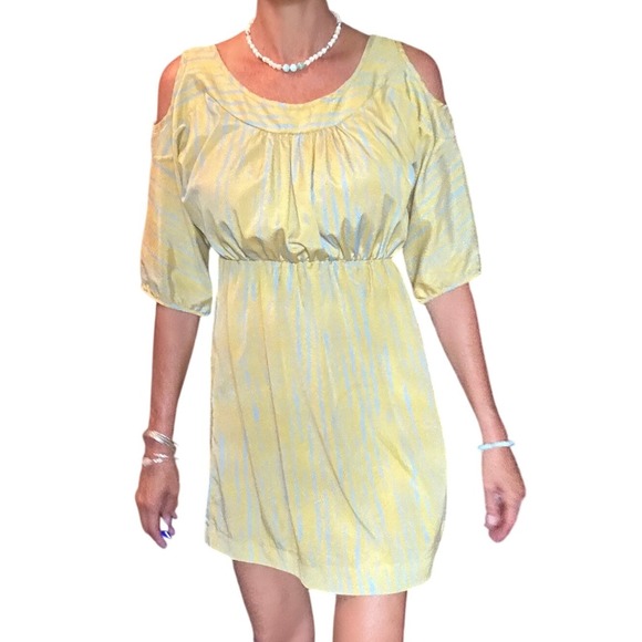 Traciel Dresses & Skirts - Traciel Womens Yellow Blue Striped Cold Shoulder Empire Waist Mini Dress Large